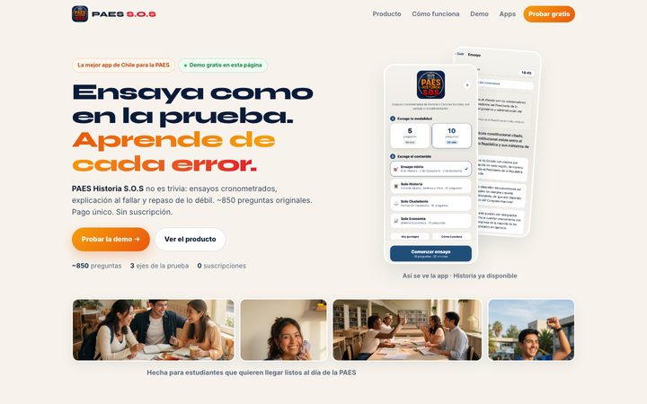 Desktop screenshot of the PAES S.O.S. exam-prep marketing hub website