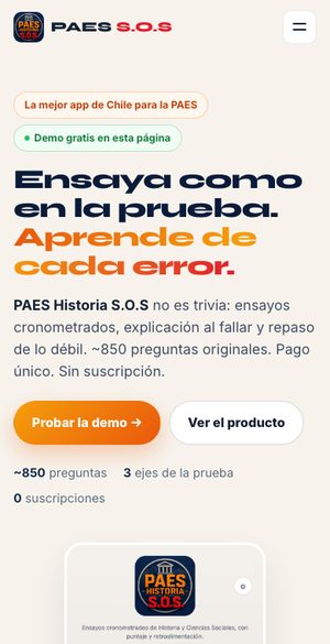Mobile screenshot of the PAES S.O.S. exam-prep marketing hub website